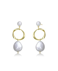 Elegant Sterling Silver 14K Gold Plating and Genuine Freshwater Pearl Hoop Earrings