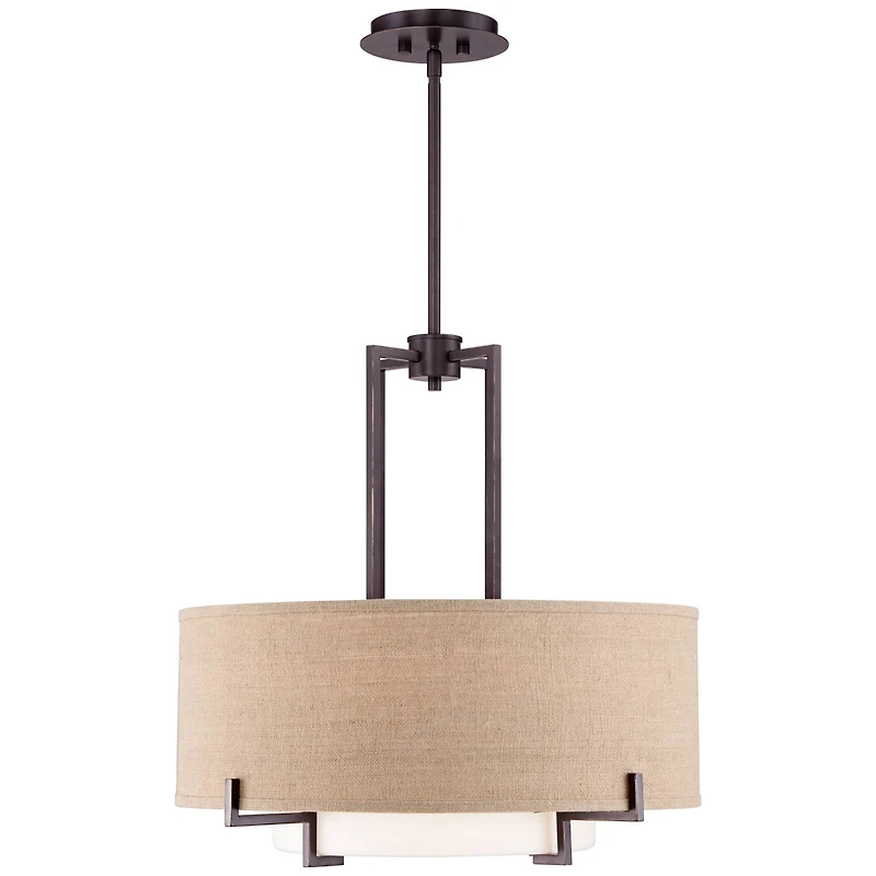 Concentric Bronze Pendant Chandelier Lighting 25" Wide Farmhouse Rustic White Glass Burlap Drum Shade 4-Light Fixture for Dining Room Living House Hom