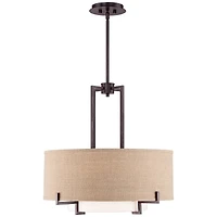 Concentric Bronze Pendant Chandelier Lighting 25" Wide Farmhouse Rustic White Glass Burlap Drum Shade 4-Light Fixture for Dining Room Living House Hom