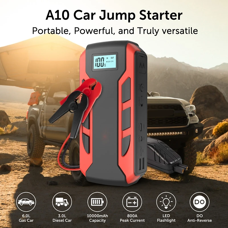 Alpha Digital Portable Car Jump Starter: 800A Peak- 10,000mAh 6.0L Gas/3.0L Diesel