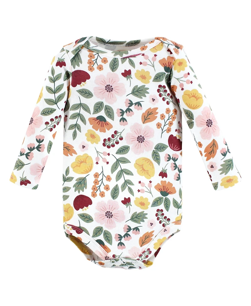 Hudson Baby Girls Cotton Long-Sleeve Bodysuits, Fall Botanical 5-Pack, 12-18 Months