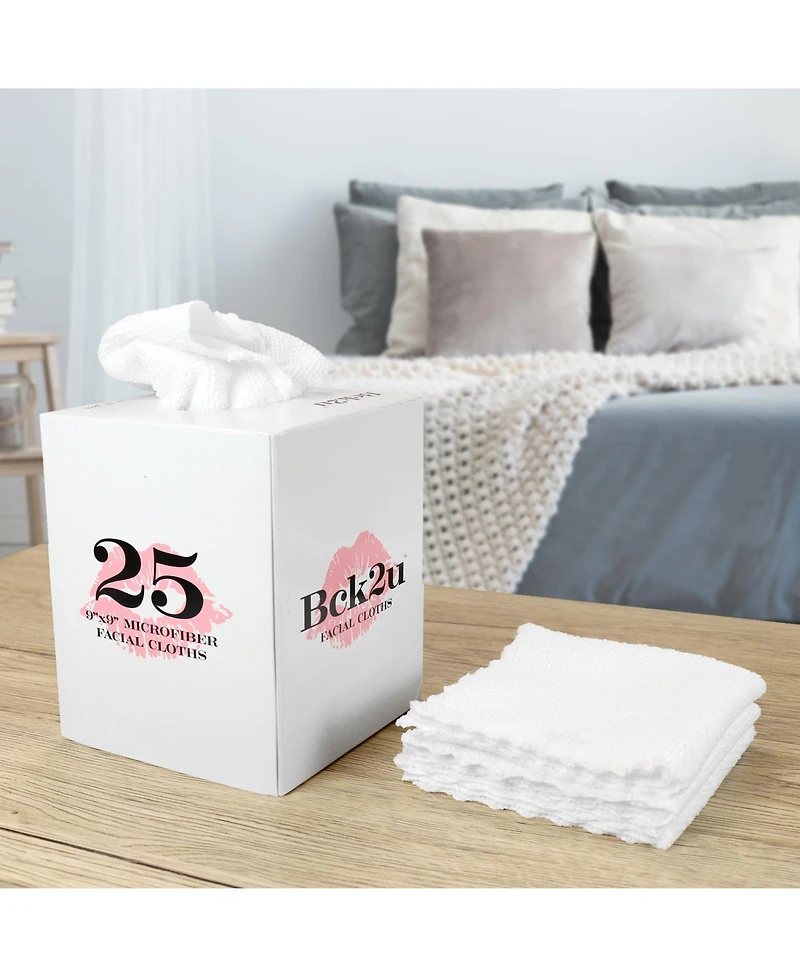 Microfiber Makeup Remover Cloths - (Pack of 25) Reusable Makeup Towels in a Tissue Box Dispenser, Facial Towels for Bathroom, 9 x 9 in, White