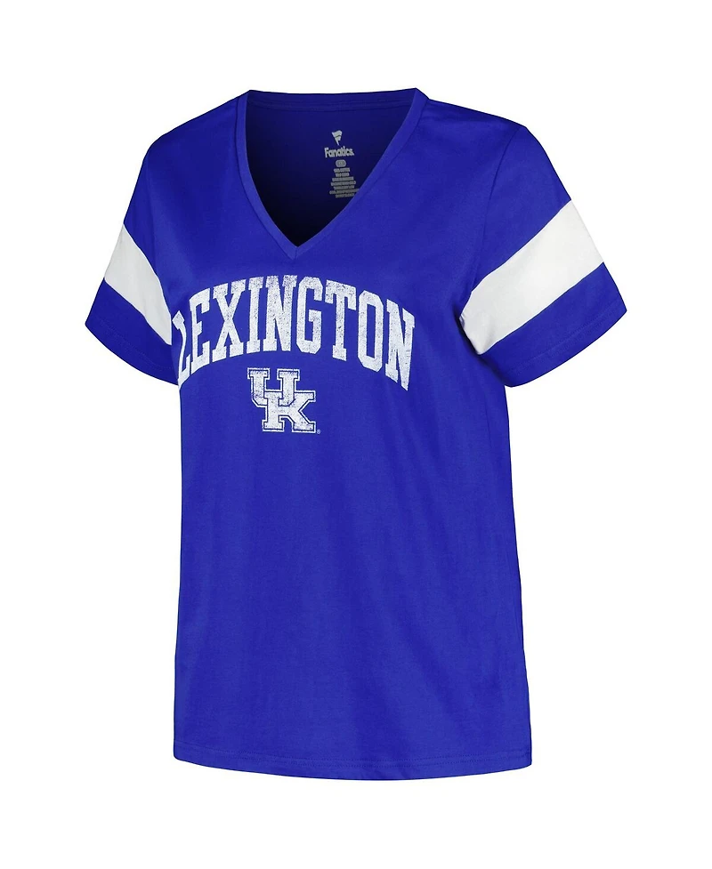 Women's Profile Royal Distressed Kentucky Wildcats Plus Size Arched City Sleeve Stripe V-Neck T-shirt