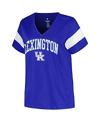 Women's Profile Royal Distressed Kentucky Wildcats Plus Size Arched City Sleeve Stripe V-Neck T-shirt