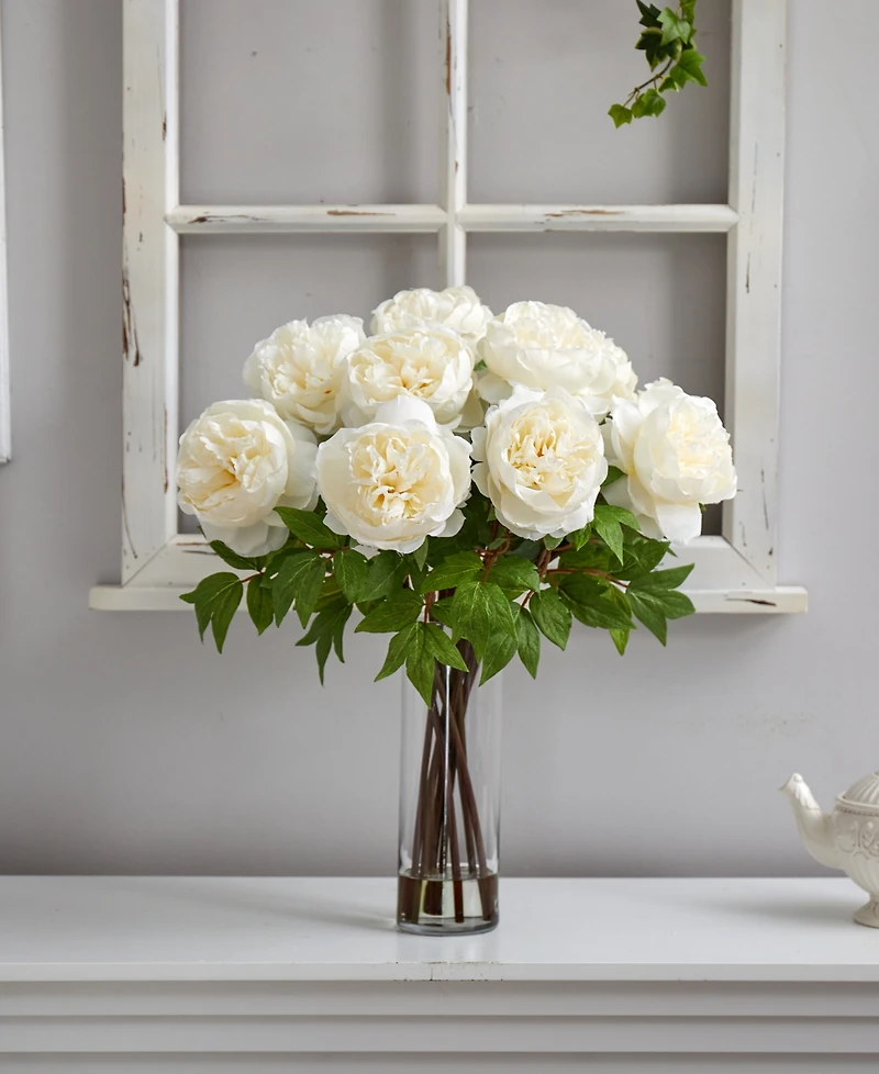 Nearly Natural 22" Artificial Peony Arrangement with Cylinder Glass Vase