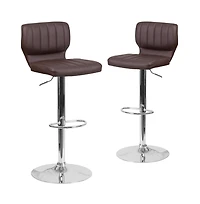 Set Of Two Swivel Bar Stools With Vertical Stitched Back And Adjustable Chrome Base Footrest
