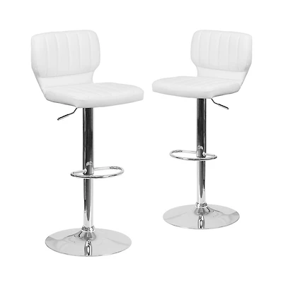 Set Of Two Swivel Bar Stools With Vertical Stitched Back And Adjustable Chrome Base Footrest