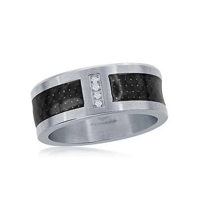 Stainless Steel Black Carbon Fiber Cz Ring