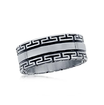 Stainless Steel Oxidized Greek Key Ring