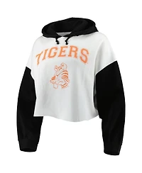 Women's Gameday Couture White, Black Distressed Clemson Tigers Good Time Color Block Cropped Hoodie