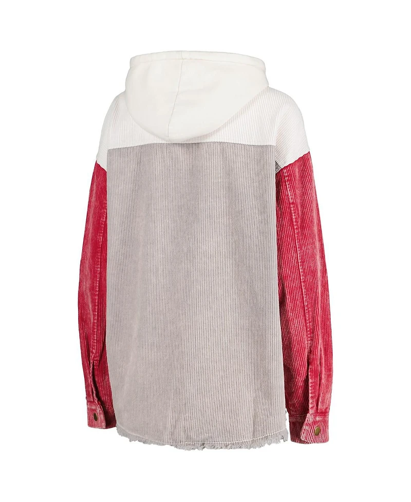 Women's Gameday Couture Gray Distressed Wisconsin Badgers Vintage-Like Wash Corduroy Full-Snap Hooded Shacket