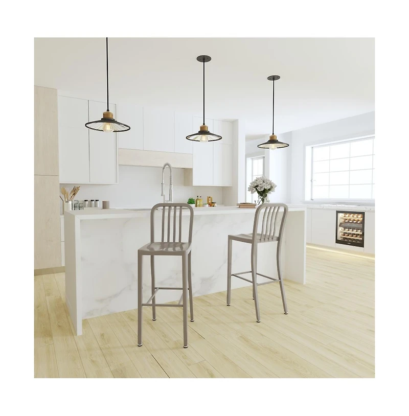 Merrick Lane Santorini 30 Inch Galvanized Steel Indoor/Outdoor Counter Bar Stool With Slatted Back And Powder Coated Finish