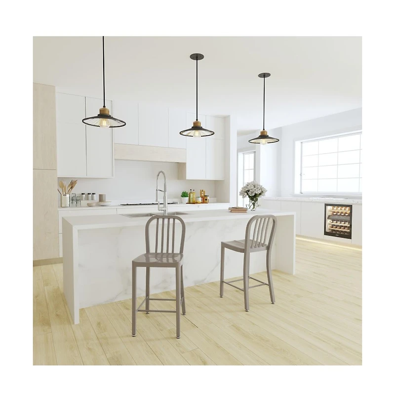 Merrick Lane Santorini Galvanized Steel Indoor/Outdoor Counter Bar Stool With Slatted Back And Powder Coated Finish