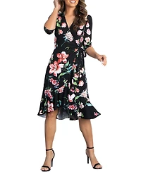 Kiyonna Women's Flirty Flounce Midi Wrap Dress with 3/4 Sleeves