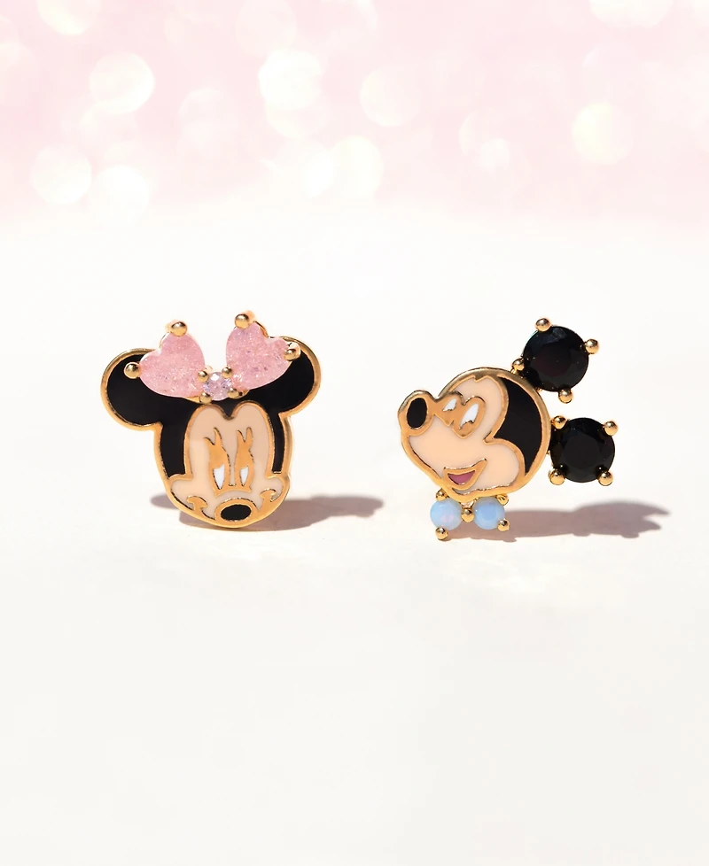 Girls Crew 18k Gold-Plated Color Crystal Mickey & Minnie Mismatch Stud Earrings