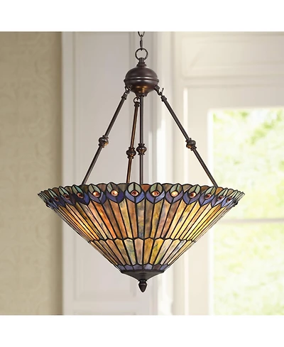 Robert Louis Tiffany Bronze Pendant Chandelier 20" Wide Rustic Peacock Stained Art Glass 3-Light Fixture for Dining Room House Kitchen Island Ent