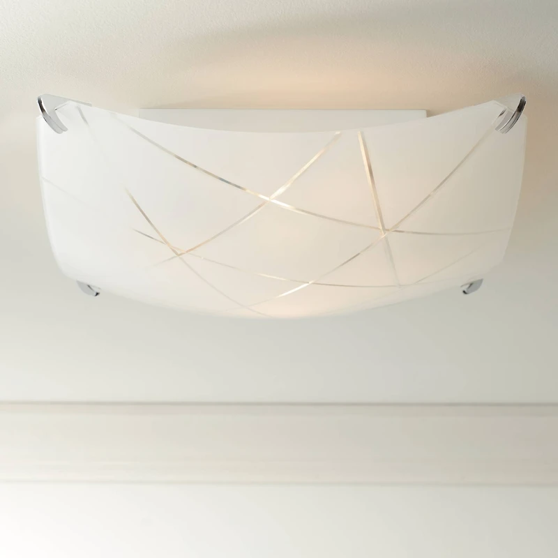 Lattice Modern Close To Ceiling Light Flush Mount Fixture 16.50" Wide Chrome Etched Lattice Square Frosted Glass Bowl Shade for Bedroom Hallway L