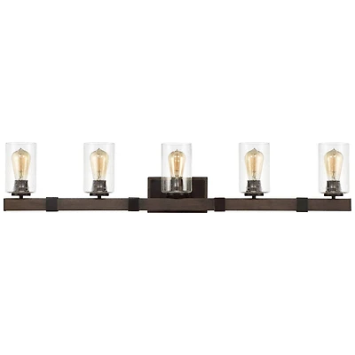 Franklin Iron Works Poetry Rustic Industrial Wall Light Wood Grain Bronze Hardwire 44" 5-Light Fixture Clear Seedy Glass for Bedroom Bathroom Van
