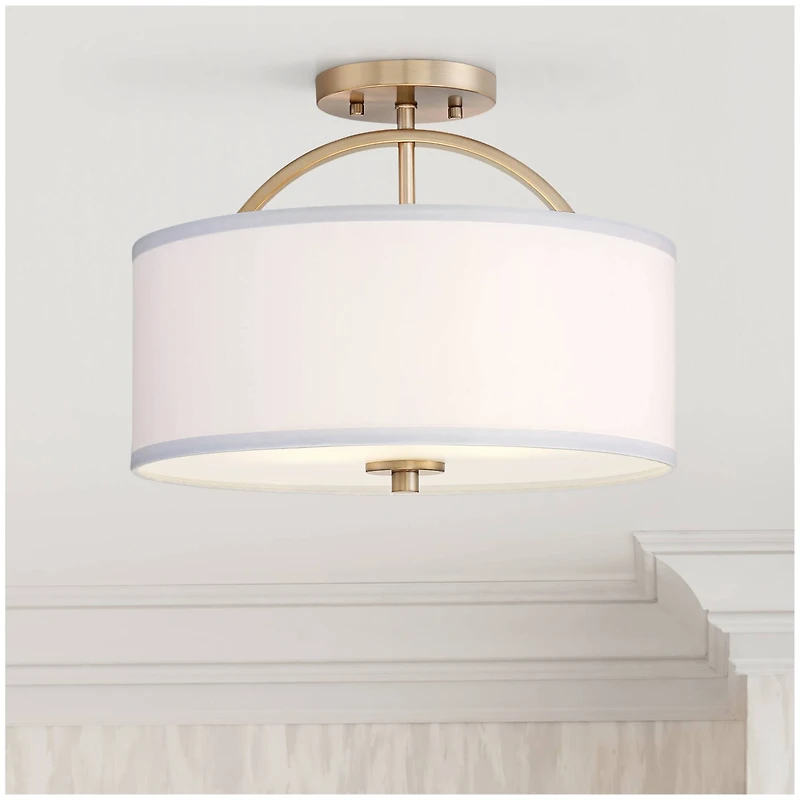 Possini Euro Design Halsted Modern Ceiling Light Semi Flush Mount Fixture 15" Wide Warm Brass 2-Light Oatmeal Linen Drum for Bedroom Living Room