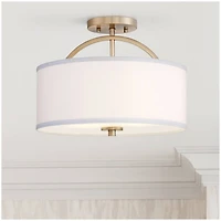 Possini Euro Design Halsted Modern Ceiling Light Semi Flush Mount Fixture 15" Wide Warm Brass 2-Light Oatmeal Linen Drum for Bedroom Living Room