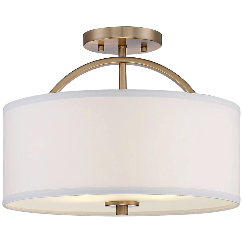Possini Euro Design Halsted Modern Ceiling Light Semi Flush Mount Fixture 15" Wide Warm Brass 2-Light Oatmeal Linen Drum for Bedroom Living Room