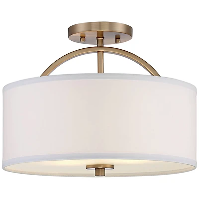 Possini Euro Design Halsted Modern Ceiling Light Semi Flush Mount Fixture 15" Wide Warm Brass 2-Light Oatmeal Linen Drum for Bedroom Living Room