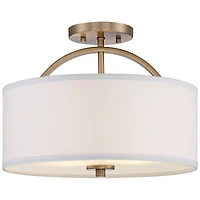 Possini Euro Design Halsted Modern Ceiling Light Semi Flush Mount Fixture 15" Wide Warm Brass 2-Light Oatmeal Linen Drum for Bedroom Living Room