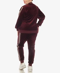 White Mark Plus Faux Leather Stripe Velour 2 Piece Tracksuit Set