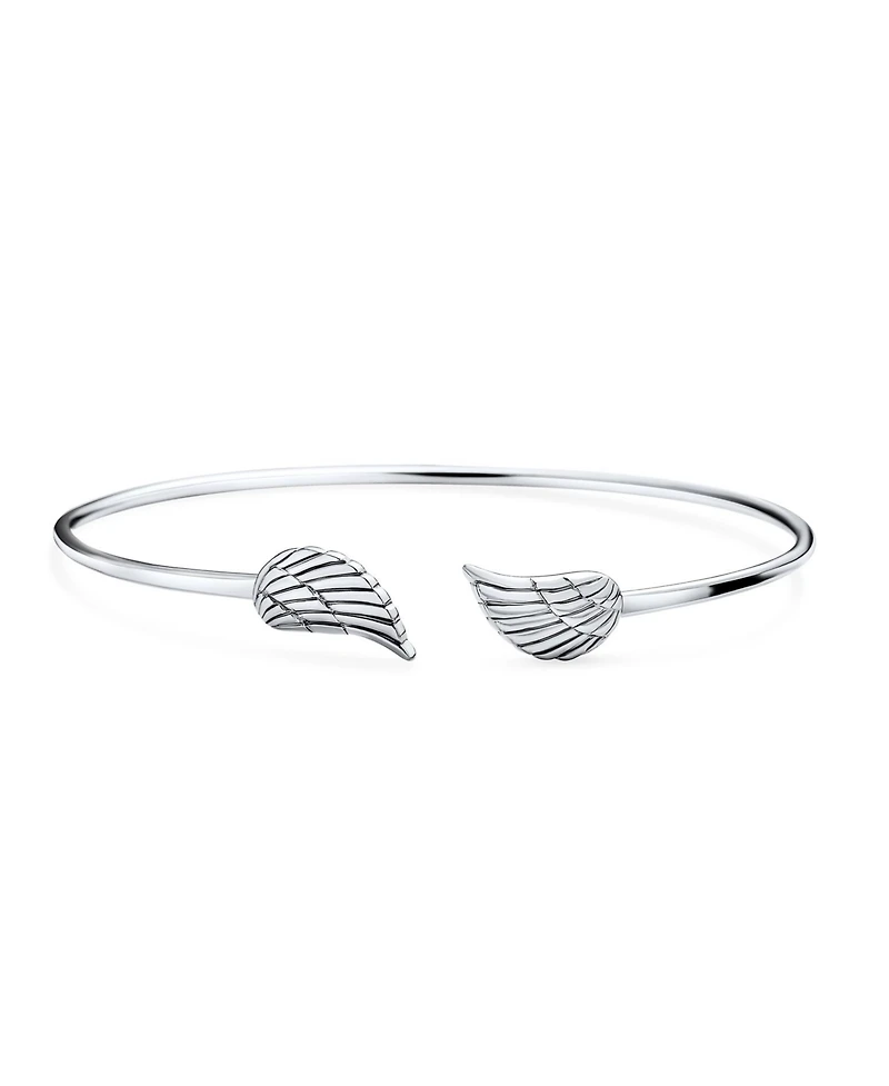Bling Jewelry Dainty Religious Minimalist Thin Guardian Angel Wing Feather Bangle Cuff Bracelet Sterling Silver
