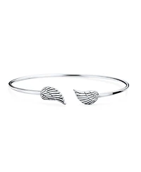 Bling Jewelry Dainty Religious Minimalist Thin Guardian Angel Wing Feather Bangle Cuff Bracelet Sterling Silver