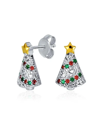Bling Jewelry Holiday Golden Star Winter Red Green Cubic Zirconia Cz Sparkly Christmas Tree Stud Earrings