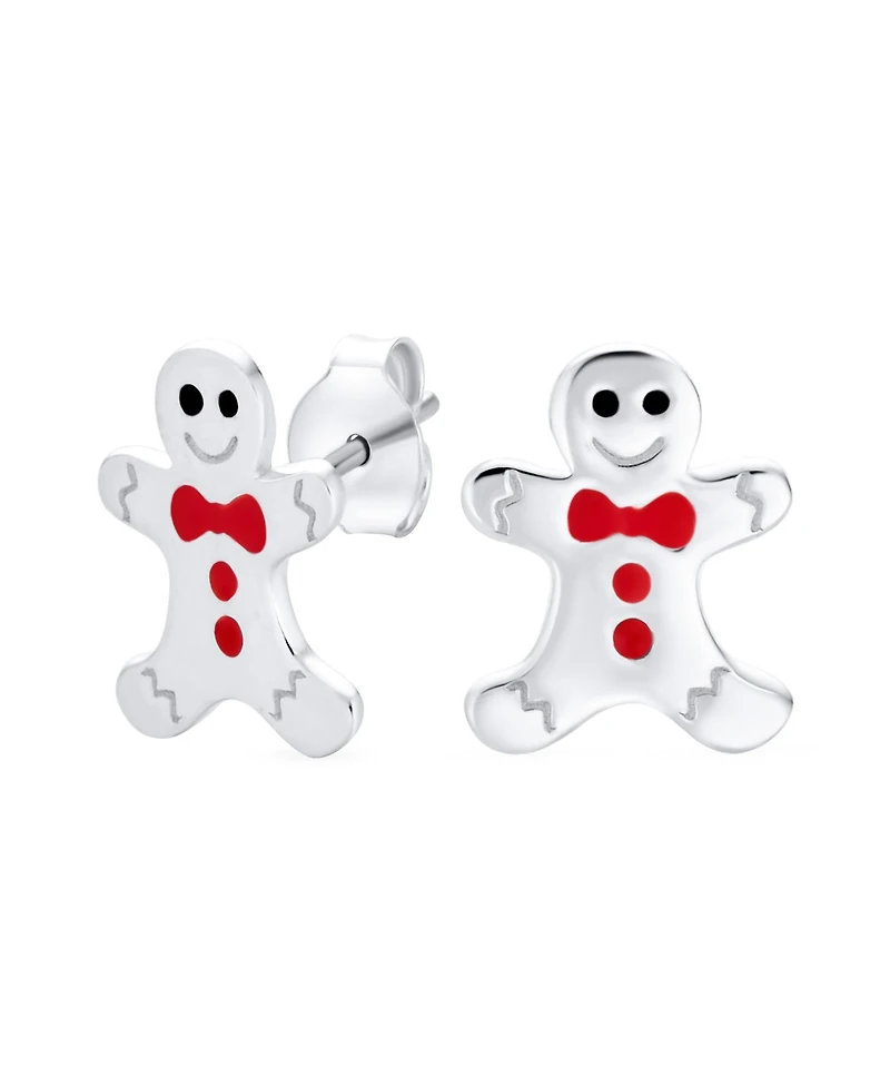 Bling Jewelry Small Fun Holiday Cartoon Christmas Winter Enamel Bow Tie Gingerbread man Stud Earrings Sterling Silver