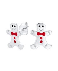 Bling Jewelry Small Fun Holiday Cartoon Christmas Winter Enamel Bow Tie Gingerbread man Stud Earrings Sterling Silver