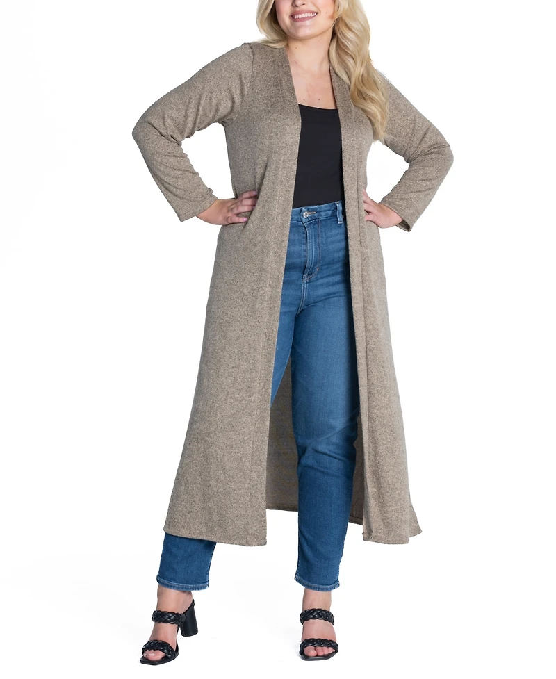 24seven Comfort Apparel Plus Long Duster Open Front Knit Cardigan Sweater