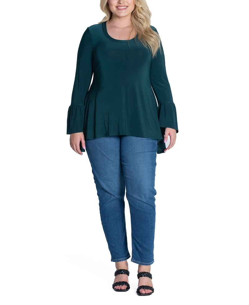 24seven Comfort Apparel Plus Long Bell Sleeve High Low Tunic Top