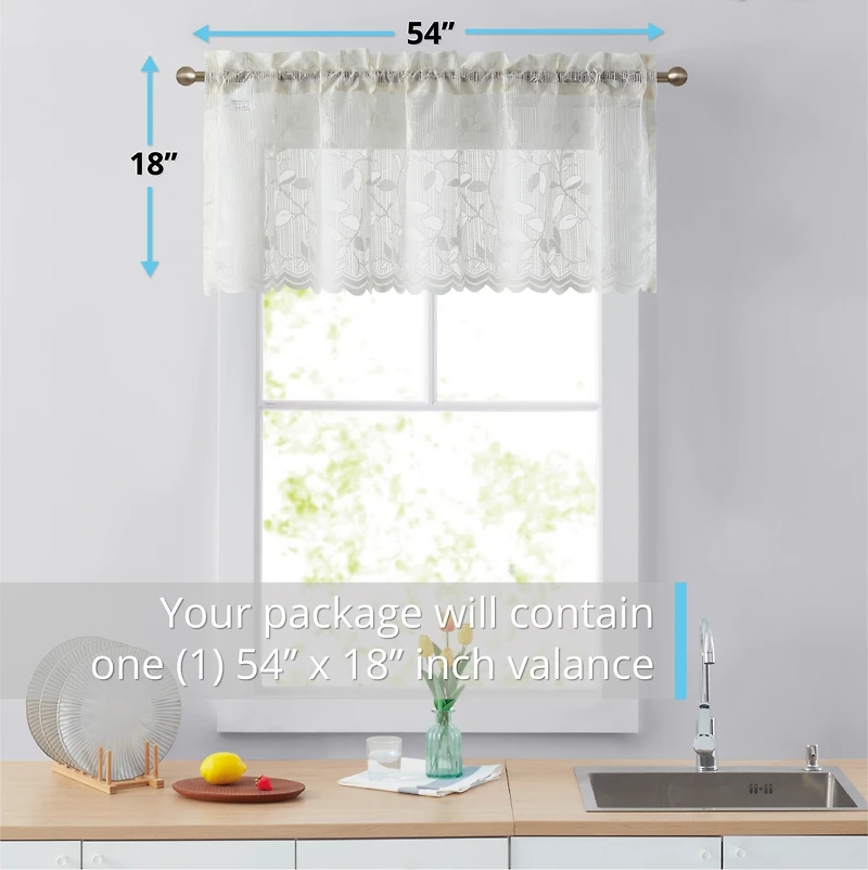 Hlc.me Joyce Lace Sheer Kitchen Curtain Valance Topper - Rod Pocket for Small Windows, Bathroom & Kitchen