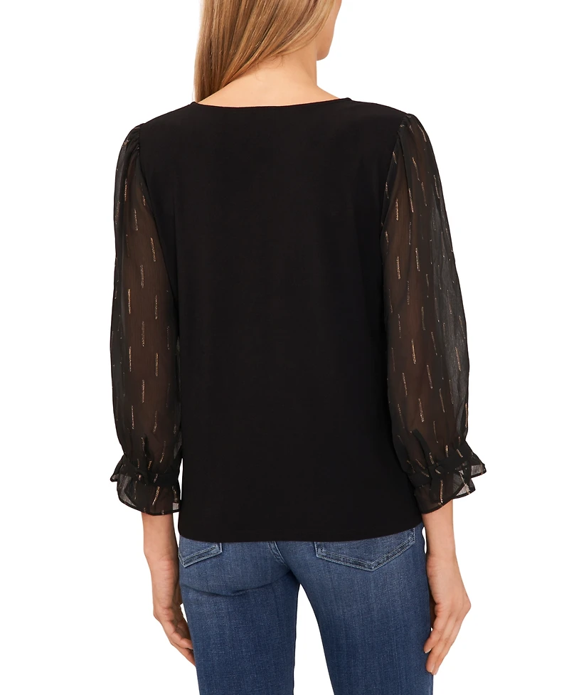 CeCe Women's V-Neck Sheer Mixed-Media Gold Lurex 3/4-Sleeve Knit Top