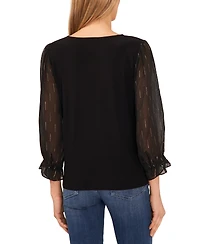 CeCe Women's V-Neck Sheer Mixed-Media Gold Lurex 3/4-Sleeve Knit Top