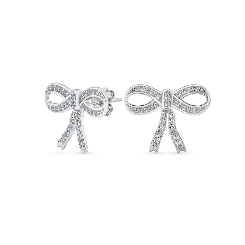 Bling Jewelry Delicate Dainty Ribbon Birthday Present Pave Cz Bow Stud Earrings For Sterling Silver