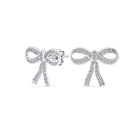 Bling Jewelry Delicate Dainty Ribbon Birthday Present Pave Cz Bow Stud Earrings For Sterling Silver