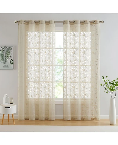 Hlc.me Joyce Floral Decorative Semi Sheer Light Filtering Grommet Window Treatment Curtain Drapery Panels for Bedroom & Living Room