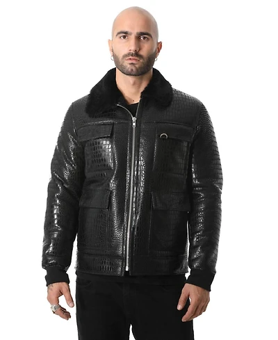 Furniq Uk Men's Black Leather Bomber Jacket, Crocodile Emboss