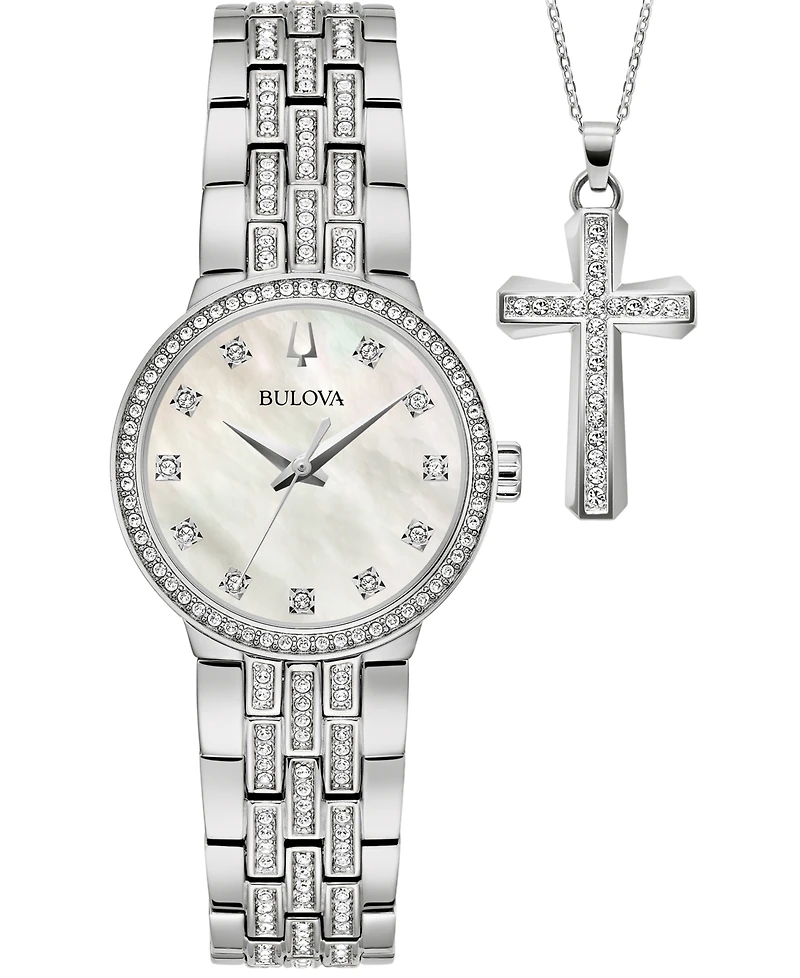 Bulova Women's Classic Crystal Stainless Steel Bracelet Watch Box Set 29mm