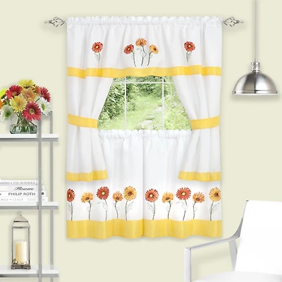 Kate Aurora Montauk Accents Embroidered Sunflowers & Daisies Complete 5 Piece Cottage Kitchen Curtain Tier & Valance Set - 24 in. Long