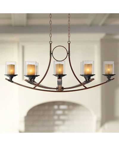 Franklin Iron Works Tafford Warm Mahogany Wood Island Linear Pendant Chandelier 43 1/4" Wide Farmhouse Rustic Clear Scavo Glass Faux Candle Shades 8-L