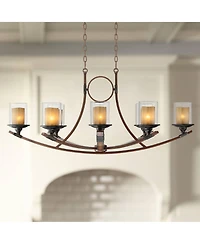 Franklin Iron Works Tafford Warm Mahogany Wood Island Linear Pendant Chandelier 43 1/4" Wide Farmhouse Rustic Clear Scavo Glass Faux Candle Shades 8-L