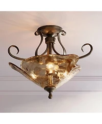 Franklin Iron Works Amber Scroll Rustic Ceiling Light Semi Flush Mount Fixture Golden Bronze 20 1/4" Wide Art Glass for Bedroom Kitchen Living Room Ha