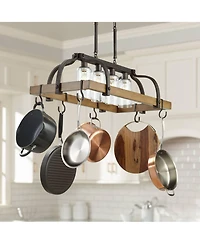 Franklin Iron Works Eldrige Bronze Wood Finish Pot Rack Linear Pendant Chandelier Lighting 36 1/2" Wide Rustic Farmhouse Clear Seed Glass 4-Light Fixt