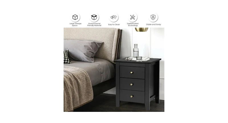 2 Pieces Nightstand End Beside Table with 3 Drawers