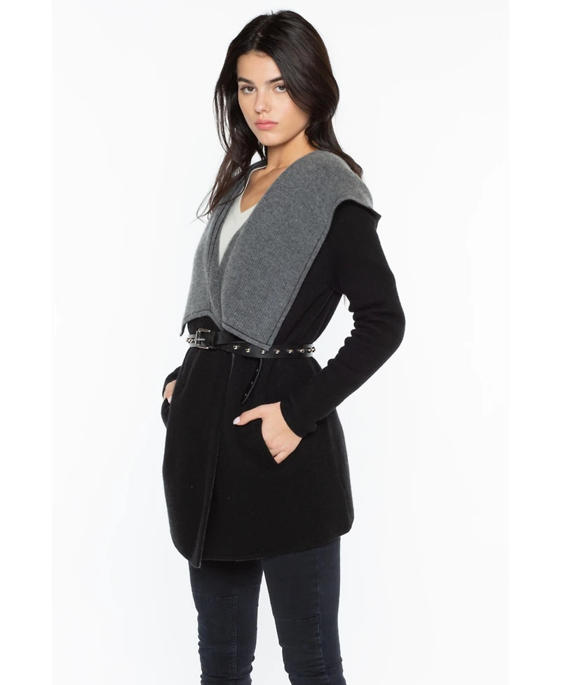 Jennie Liu Women's 100% Pure Cashmere Long Sleeve 2-tone Double Face Cascade Open Cardigan Sweater